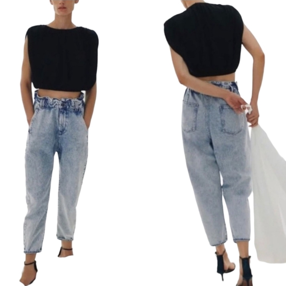 Zara Paperbag Waist Baggy Jeans Women's Size 2 Light Blue High Waist Ankle Pants